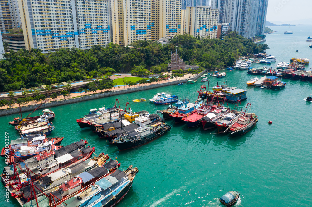 Top view of Hong Kong typhoon shelter with fishing harbor port