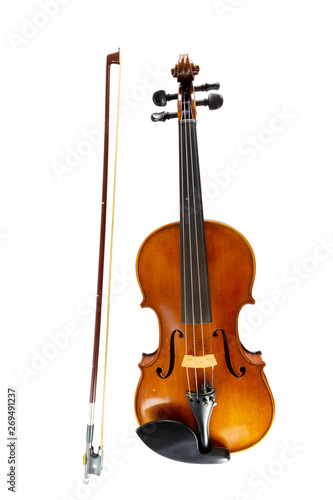 An isolated vertical image of violin  string music instrument in orchestra.