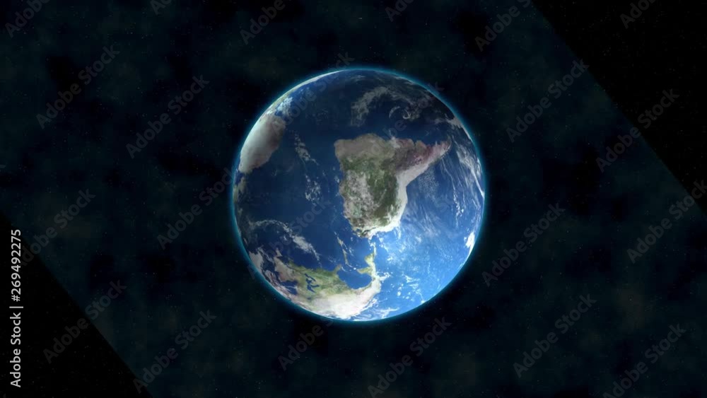 Earth planet, zoom rotation from space to earth. Globe rotation and zoom animation, 3d render of planet from space with realistic surface, clouds and blue atmosphere Earth planet, zoom rotation from space to earth. Globe rotation and zoom animation, 3d render of planet from space with realistic surface, clouds and blue atmosphere