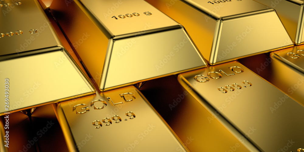 Gold bars with the web banner concept. 3D rendering. Gold bars with the web banner concept. 3D rendering.