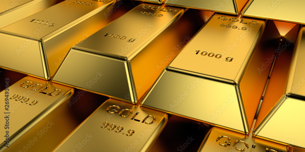 Gold bars with the web banner concept. 3D rendering. Gold bars with the web banner concept. 3D rendering.