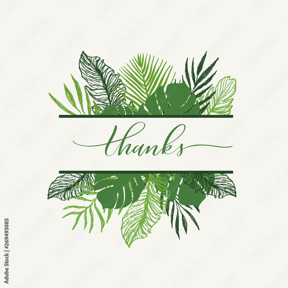 Trendy Summer Tropical Leaves Vector Design with calligraphy Thanks.