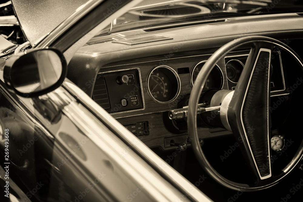 Interior of a classic American car, old vintage vehicle