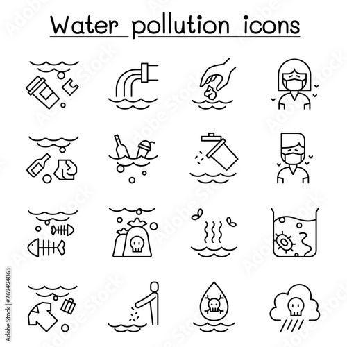 Water pollution, Contaminate, dirty icon set in thin line style