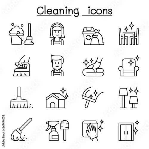 Cleaning & Hygiene icon set in thin line style
