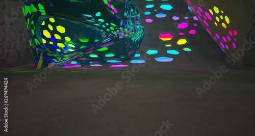 Abstract Concrete and Glass Futuristic Sci-Fi interior With Colored Gradient Glowing Neon Tubes . 3D illustration and rendering.