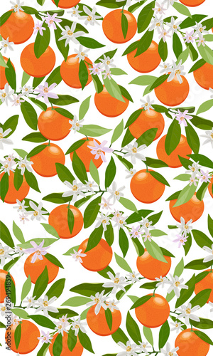 Seamless pattern orange fruits with flowers and leaves on white background. Vector illustration.