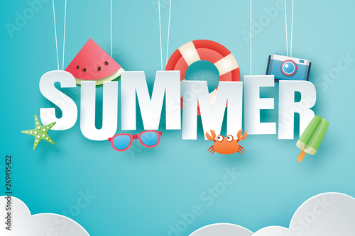 Hello summer with decoration origami hanging on blue sky background. Paper art and craft style. Vector illustration of life ring, ice cream, camera, watermelon, sunglasses.