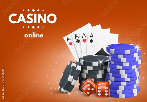 Casino online background with chips, dice and cards. Concept for flyer, banner, poster. Vector illustration.