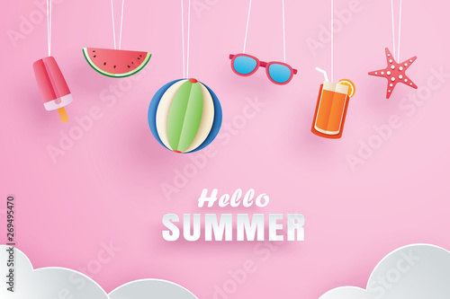 Hello summer with decoration origami hanging on pink background. Paper art and craft style.