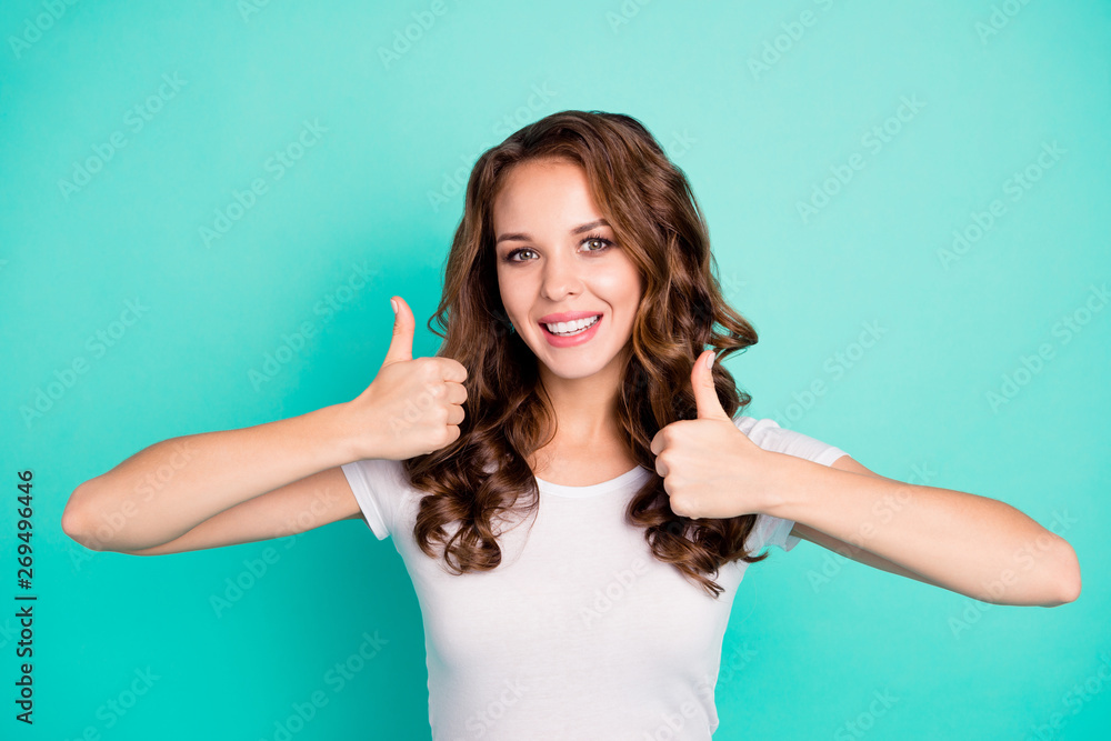 Close-up portrait of her she nice attractive lovely cheerful cheery wavy-haired lady showing thumbsup ad promo sale discount isolated on bright vivid shine blue background Close-up portrait of her she nice attractive lovely cheerful cheery wavy-haired lady showing thumbsup ad promo sale discount isolated on bright vivid shine blue background