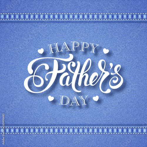 Fathers day greeting card. Handwritten message on blue denim background with stitches