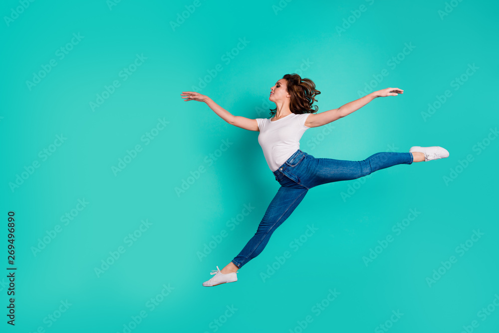 Full length body size view of her she nice attractive lovely graceful feminine sportive slim fit thin adorable wavy-haired lady practicing modern moves isolated on bright vivid shine blue background