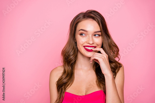 Tablou pe pânză Close up photo amazing beautiful she her lady think over trick look sly side emp