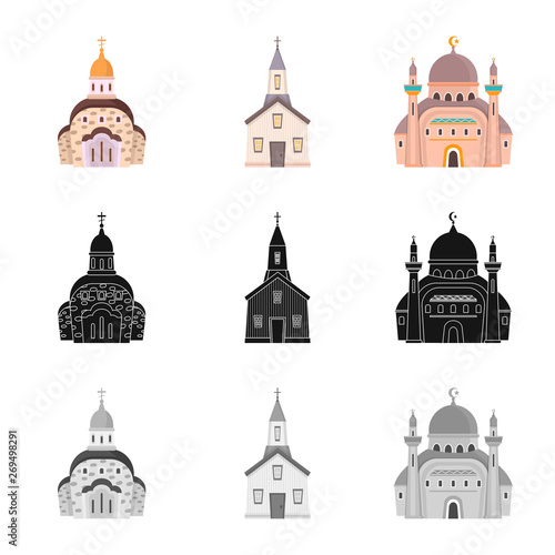 Vector illustration of cult and temple icon. Set of cult and parish stock vector illustration.