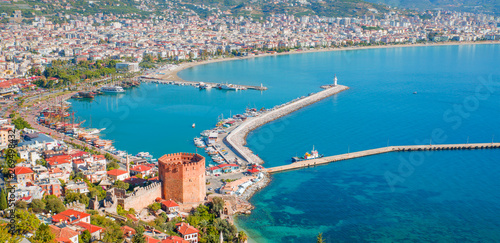 Fotografie, Obraz Landscape with marina and Kizil Kule tower in Alanya peninsula, Antalya district