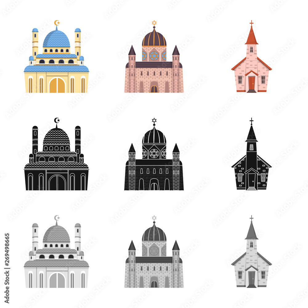 Vector illustration of cult and temple logo. Set of cult and parish stock vector illustration.