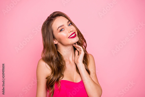 Close up photo amazing beautiful she her lady attractive show ideal white teeth plump allure rose lips pomade lipstick wear cute shiny colorful dress isolated pink rose bright vivid background