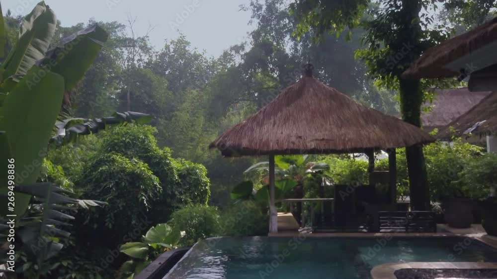 high-angle shooting of open swimming pool in tropical hotel in middle of jungle high-angle shooting of open swimming pool in tropical hotel in middle of jungle