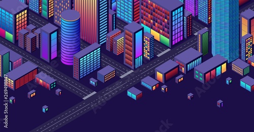 Background with concept of city and suburbs or outskirts view with isometric perspective and vibrant neon colors