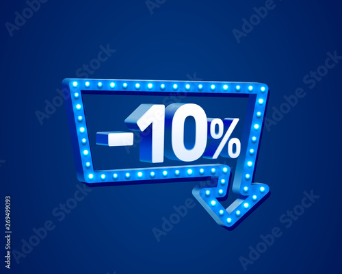 Banner 10 off with share discount percentage, neon signboard arrow.