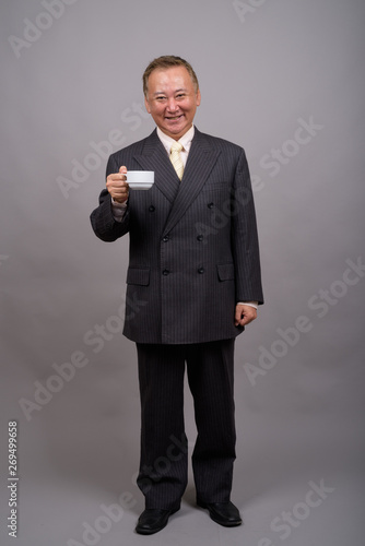 Portrait of mature Asian businessman against gray background