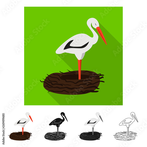 Vector illustration of stork and bird sign. Set of stork and flying stock symbol for web.