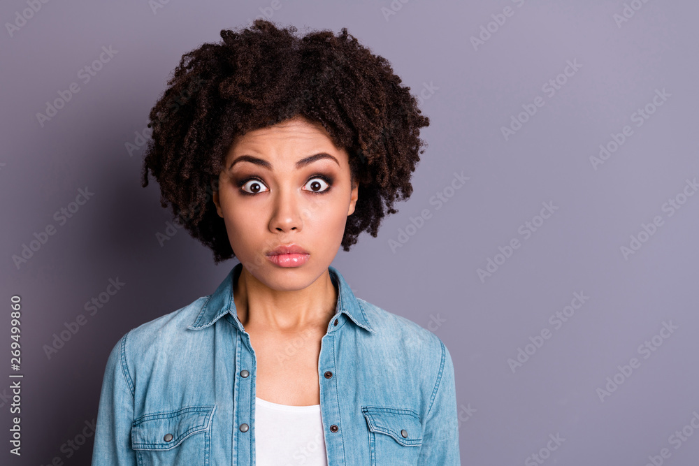 Portrait of disappointed upset lady youth astonished impressed unbelievable unexpected news information terrified anxious isolated wear modern trend denim outfit grey background Portrait of disappointed upset lady youth astonished impressed unbelievable unexpected news information terrified anxious isolated wear modern trend denim outfit grey background