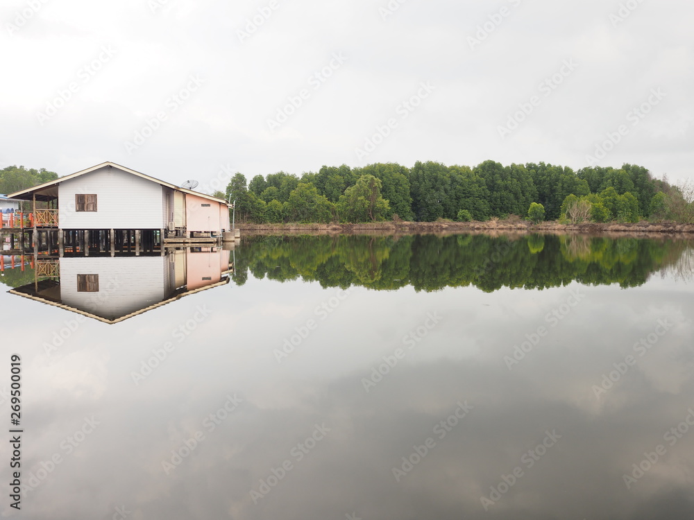 Home stay and tree reflection in the water Home stay and tree reflection in the water