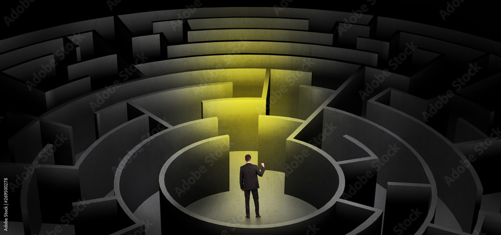 Businessman can not decide which entrance to chose in a middle of a dark maze
Businessman can not decide which entrance to chose in a middle of a dark maze
