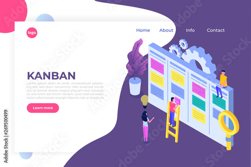 Scrum or canban task board isometric concept. Notes for agile software development. Vector illustration.