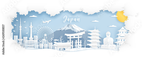 Fototapeta Naklejka Na Ścianę i Meble -  Famous Travel Landmark and Attraction in Japan, Postcard, Poster, Banner, Cover Image, Advertising Template, Object and Element in Paper Cut Style in Panorama Tree Frame Background Vector Illustration