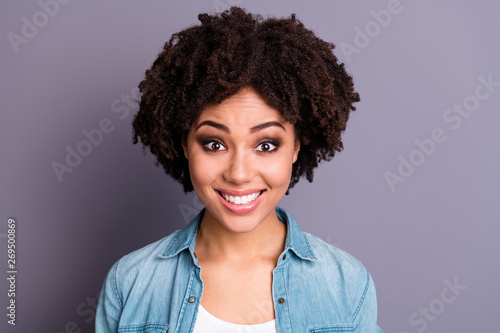 Close up photo beautiful amazing she her dark skin lady arms show white perfect ideal teeth carefree weekend vacation mood playful cheerful wear casual jeans denim shirt isolated grey background