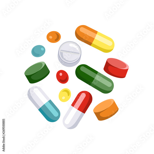 Tablets of different colors and shapes. Icons of pills, capsules isolated on white background. Vector illustration of medical drugs in cartoon simple flat style.