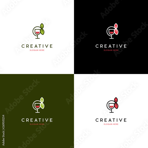 Wine bar with leaf nature logo template. Red and white wine glasses, Wine logo design template. Vector illustration of icon