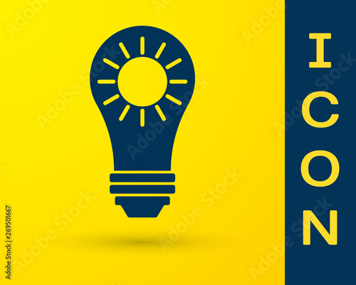 Blue Solar energy panel icon isolated on yellow background. Sun and light bulb. Vector Illustration