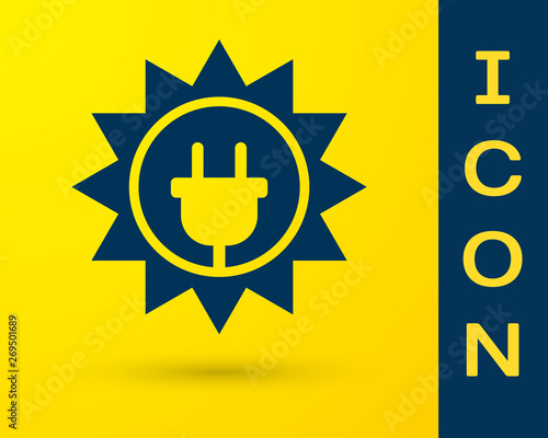 Blue Solar energy panel icon isolated on yellow background. Sun and electric plug. Vector Illustration