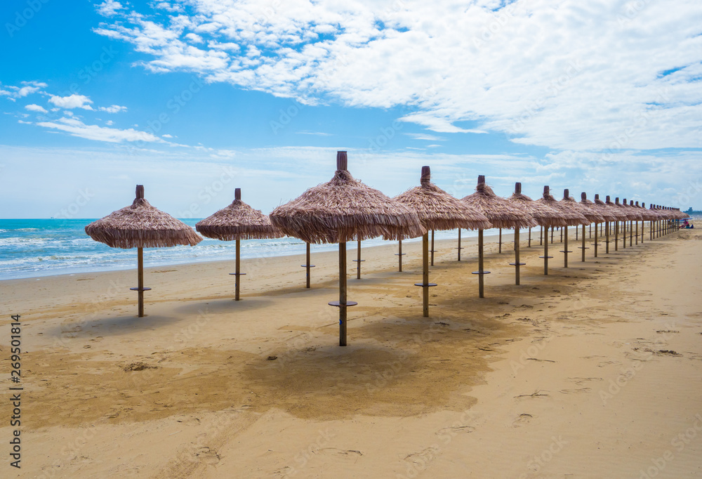 Fototapeta premium Pineto (Italy) - The touristic sandy beach of Abruzzo with the monumental pine forest and the famous tower castle called Torre di Cerrano