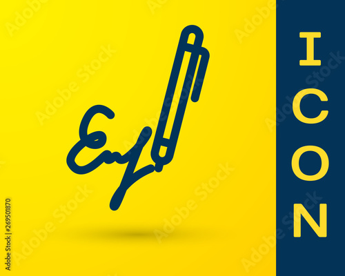 Blue Signature line icon isolated on yellow background. Pen and undersign, underwrite, ratify symbol. Vector Illustration