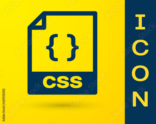 Blue CSS file document icon. Download css button icon isolated on yellow background. CSS file symbol. Vector Illustration