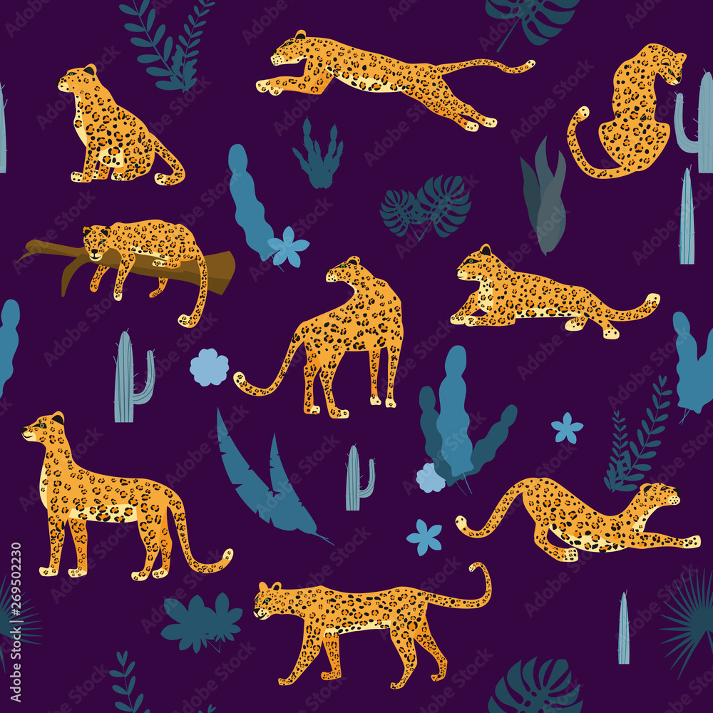 Seamless pattern with leopards in different poses with tropical leaves, plants, mammal, predator, jungle Seamless pattern with leopards in different poses with tropical leaves, plants, mammal, predator, jungle