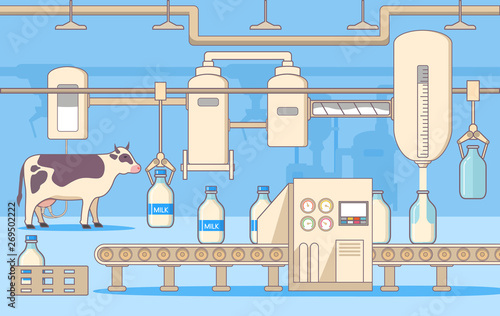 Milk factory production processing.Milk conveyor belt.Automatic machines.Packs bottles glass.Dairy products stage processing drink packaging and bottling .Web banners, posters, flyers.Flat vector cow.