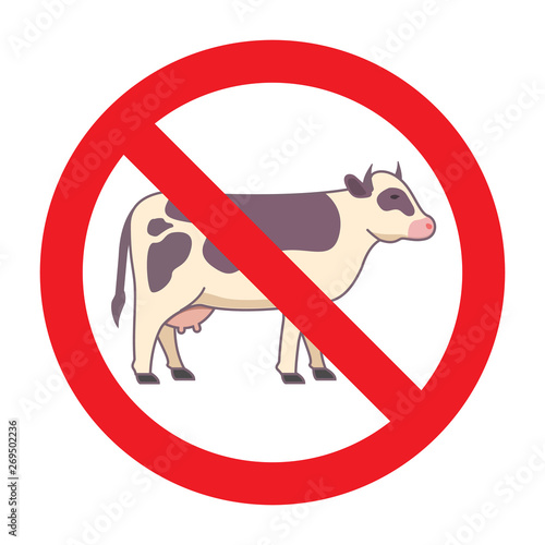 Meat forbidden sign.Red circle.Cow animal flat vector.
