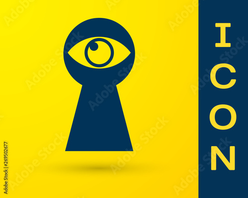 Blue Keyhole with eye icon isolated on yellow background. The eye looks into the keyhole. Keyhole eye hole. Vector Illustration