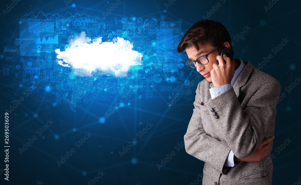 Person talking on the phone with blue cloud technology concept
Person talking on the phone with blue cloud technology concept