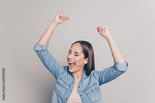 Close-up portrait of her she nice attractive cheerful cheery overjoyed straight-haired lady raising hands up closed eyes attainment isolated over light white gray background