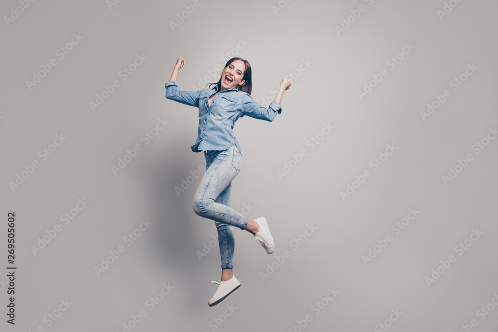Full length body size view portrait of her she nice attractive lovely charming pretty cheerful cheery optimistic straight-haired lady rejoicing isolated over light white gray background