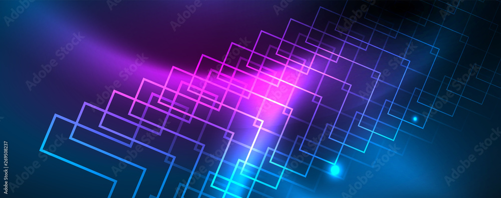 Obraz premium Neon glowing techno lines, hi-tech futuristic abstract background template, vector