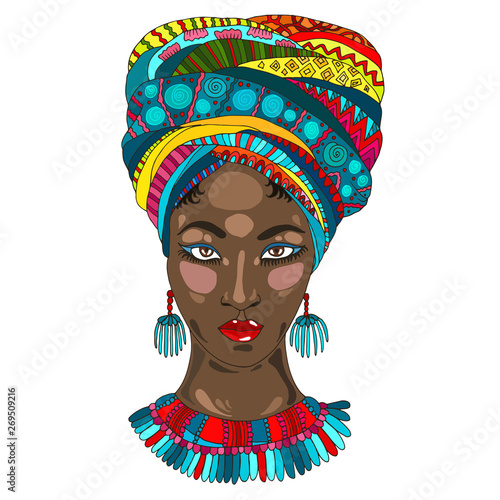 Vector Colorful portrait of a beautiful African American woman in a ornamental draped high scarf and with earrings and a necklace on her neck. Design card, print on t-shirt on white back