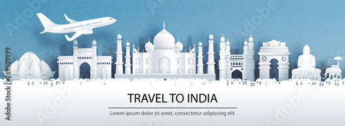 Travel advertising with travel to India concept with panorama view of Agra city skyline and world famous landmarks in paper cut style vector illustration.